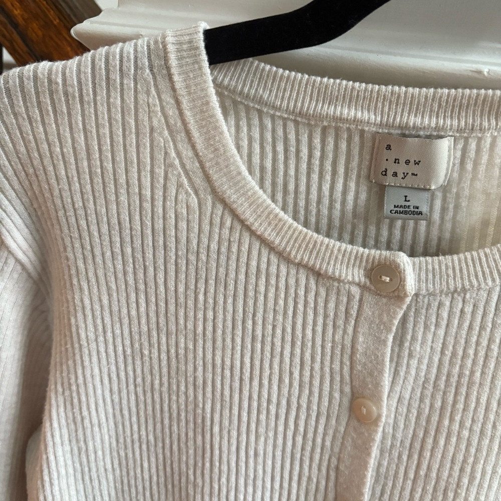 A New Day Button Down Women's Cream Sweater Size Large - Picture 7 of 9